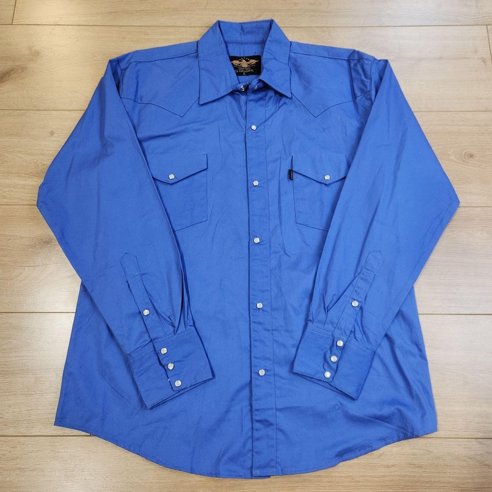 El General Shirt Mens Large Blue Solid Long Sleeve Western Justice Graphic